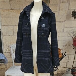 GUESS Los Angeles Black & Blue Hooded Plaid Wool Blend Coat Jacket Size Small